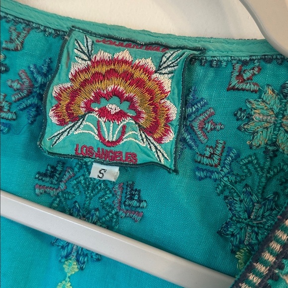 Johnny Was Teal Embroidered Bohemian linen Blouse boho size small - Picture 4 of 6